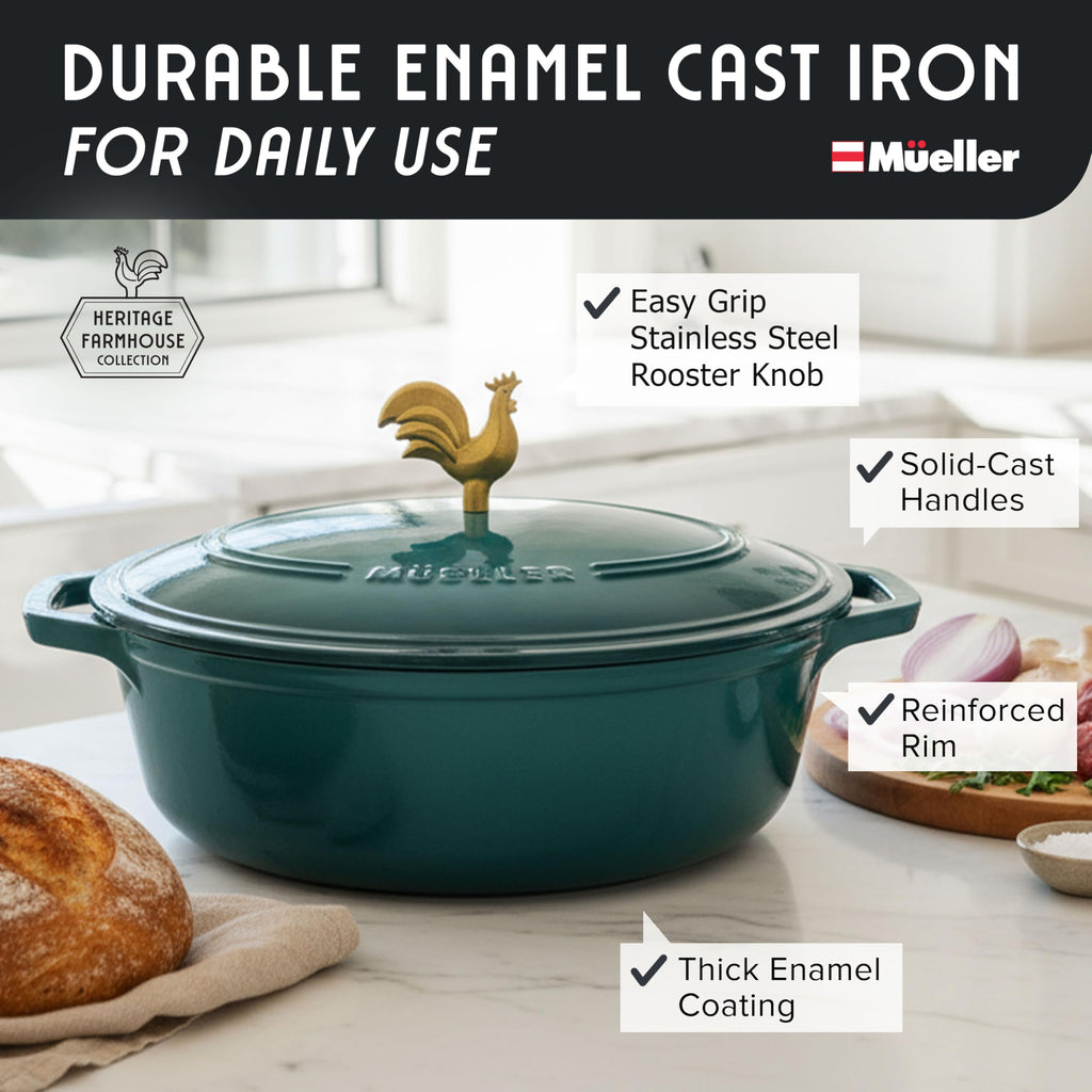 5.5 Quart Enameled Cast Iron Oval Dutch Oven with Rooster Knob and Cotton Potholders, Heavy-Duty Cookware