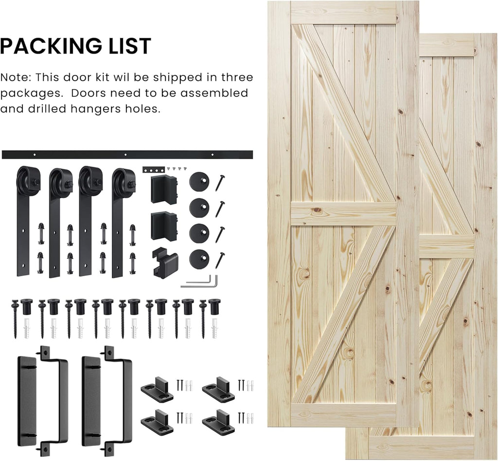 30x80 inch Double Barn Door with 10ft Sliding Barn Door Hardware Kit Included, Unfinished Solid Spru
