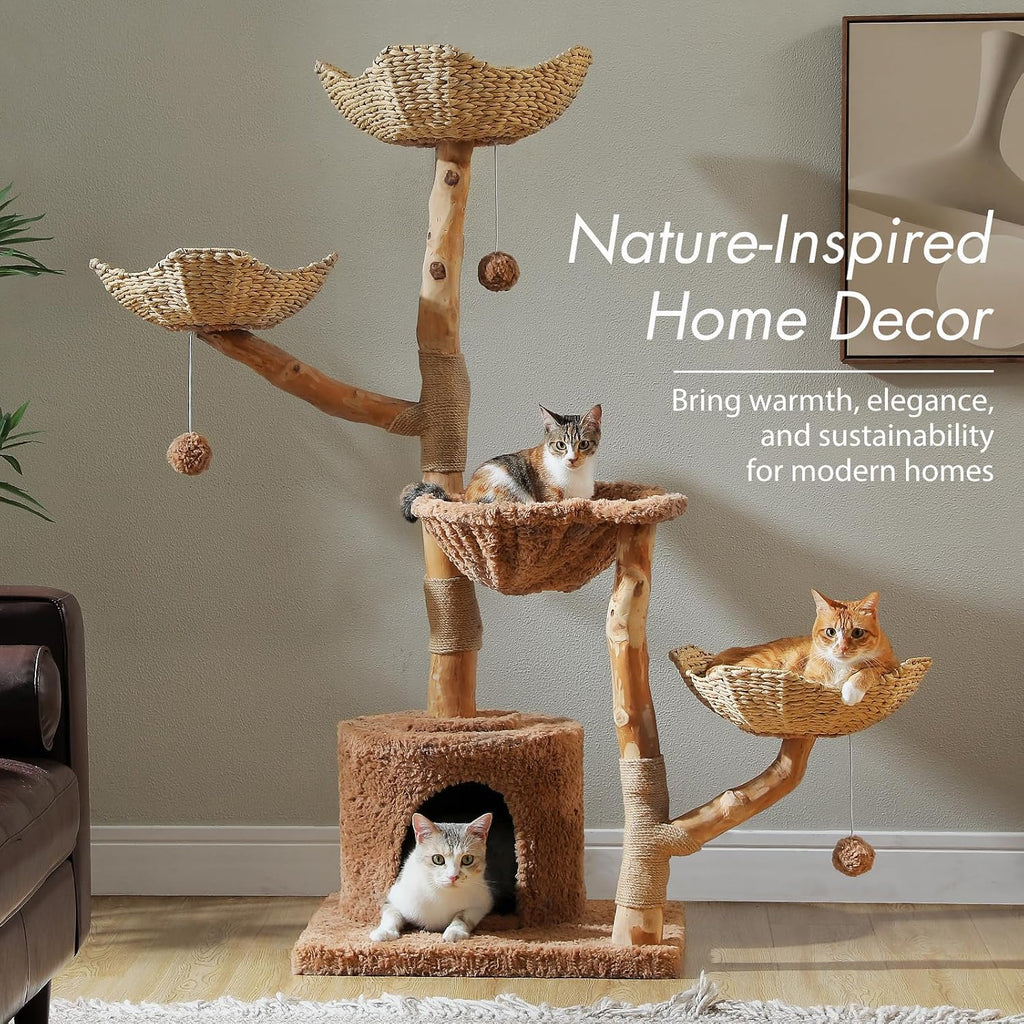 Modern Cat Tree with Real Wood&Wicker Basket for Large Cats Brown