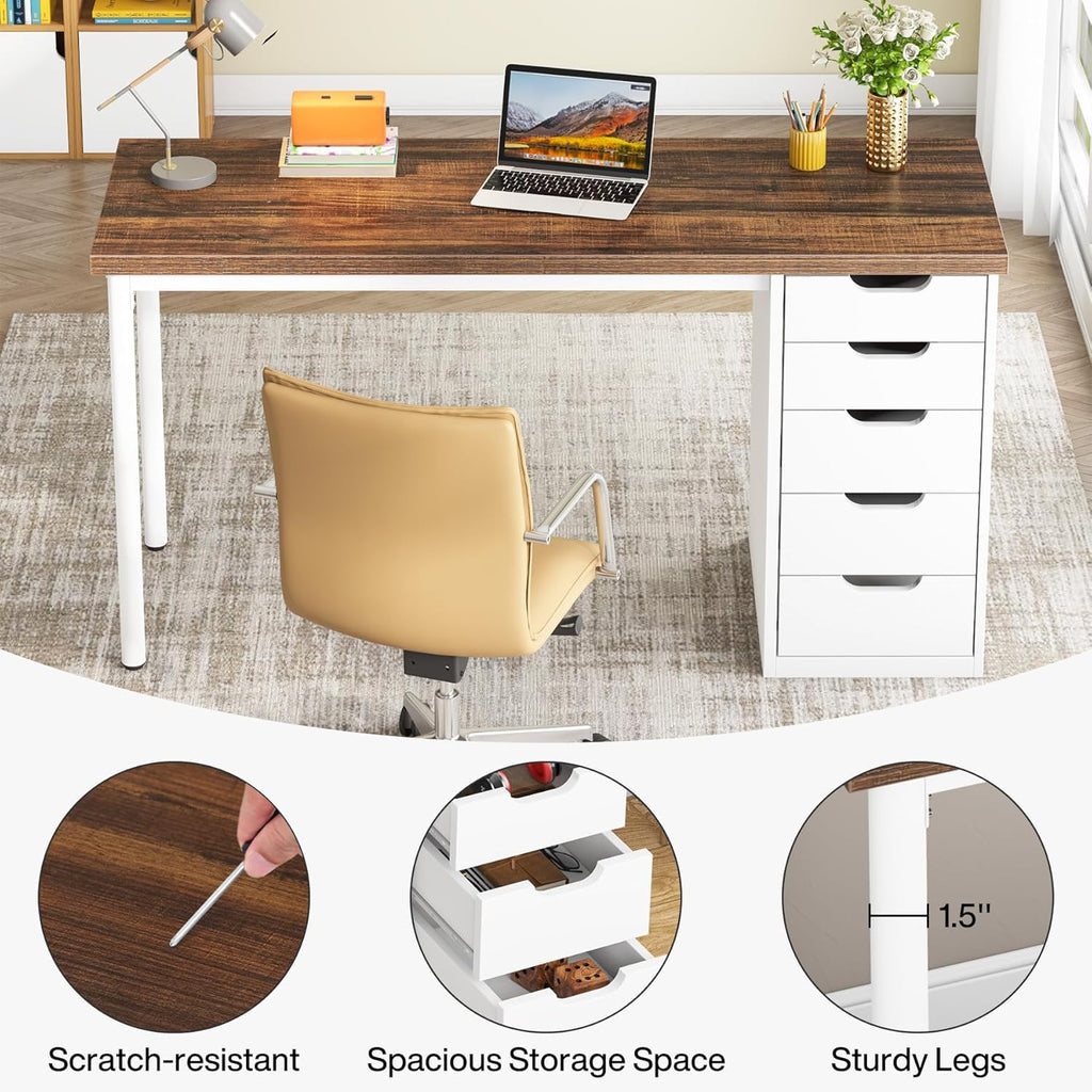Computer Desk with 5 Drawers, 47 inches Rustic Brown Home Office Desk with Storage