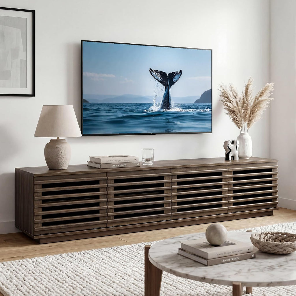 70" Modern TV Stands with LED Light for TVs Up to 75 inches, Low Profile Entertainment Center with 4 Flip-Down Door &