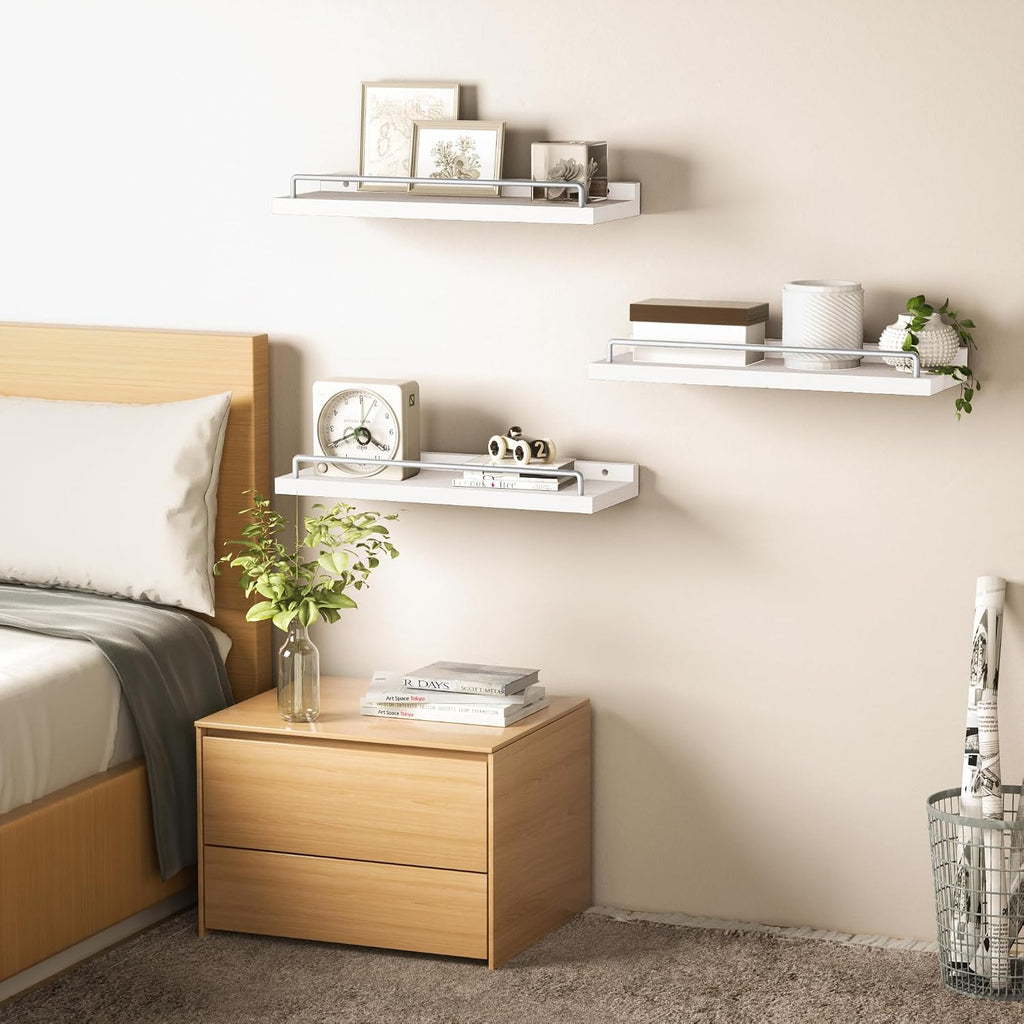 Floating Shelves for Wall Decor, White and Grey Shelves , Picture Frames, Plants, Kitchen (Set of 3)