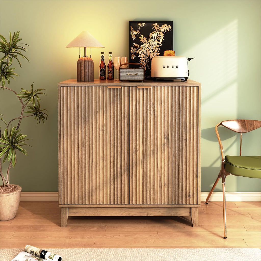 Fluted Accent Cabinet with Doors and Shelves Modern Wood Storage Cabinet Living Room Mid-Century Sideboard Credenza