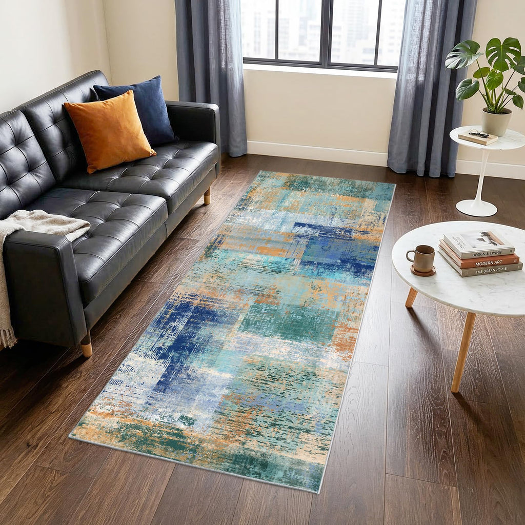Abstract Runner Rug Washable Runner Rugs Non-Slip Rug Blue Blocks