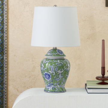 Home 24" Green & Blue Floral Ginger-Jar Ceramic Traditional Table Lamp, Reading
