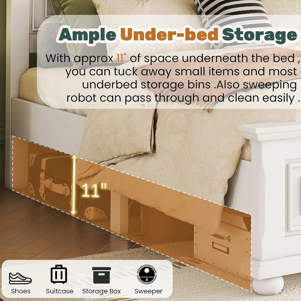 Farmhouse Queen Bed Frame with Tall Headboard and Footboard, White Wood Bed Frames Queen with Under Bed Storage