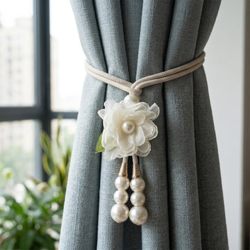 Adjustable Curtain Tiebacks, 4pcs(2pair) Hand-Woven Rope with Silk Flower & Pearl, Decorative Window Cord Holders