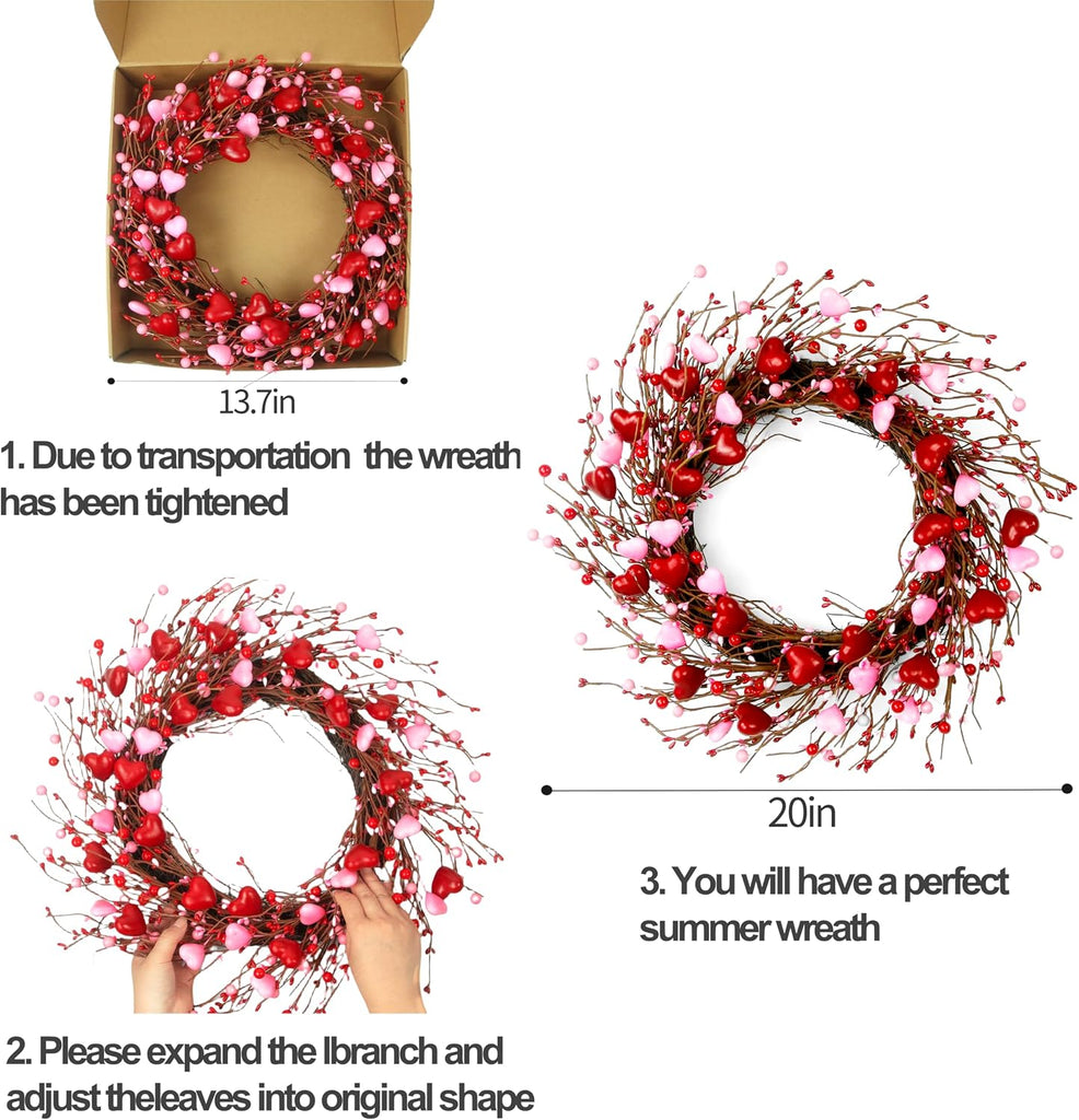 Valentine's Day Wreath 20 Inches Valentines Day Wreaths for Front Door Not Easy to Fall Off The Red Heart Shaped