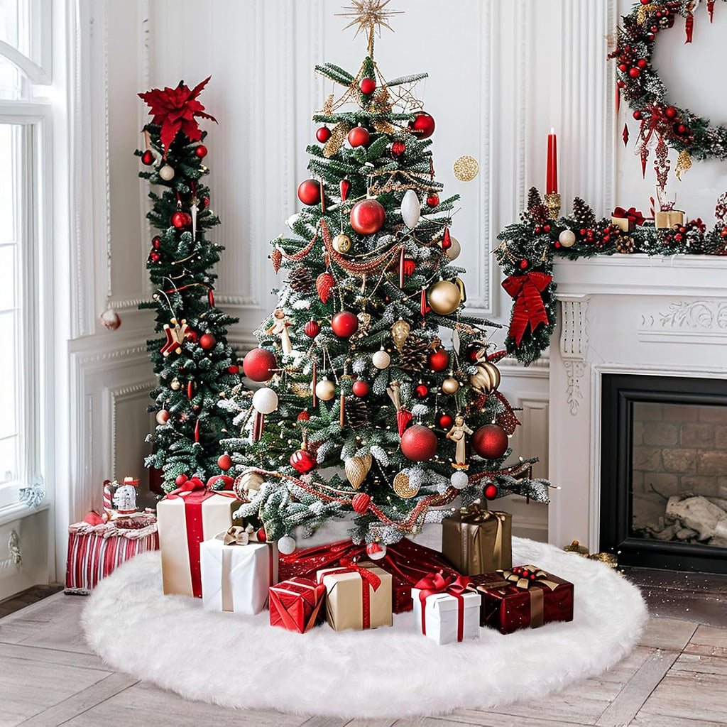 72 Inch Christmas Tree Skirt, White Faux Fur Tree Skirt for Xmas