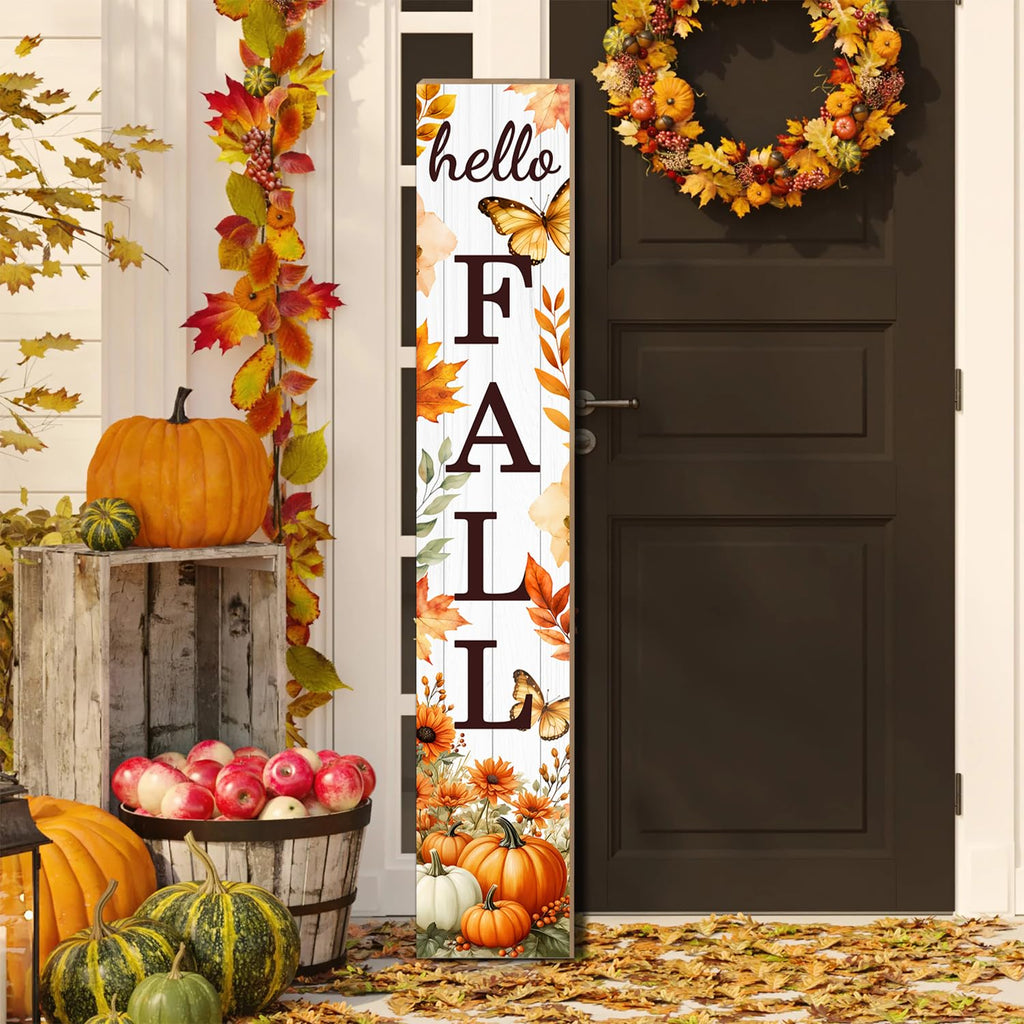 Hello Fall Porch Sign Autumn Pumpkin Maple Leaf Welcome Sign Vertical Standing Sign For Front Porch Decor Farmhouse
