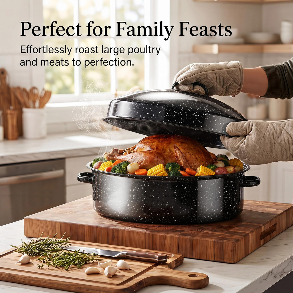 19.3" Enamel Roasting Pan with Lid & Rack Oval Turkey Roaster Pan