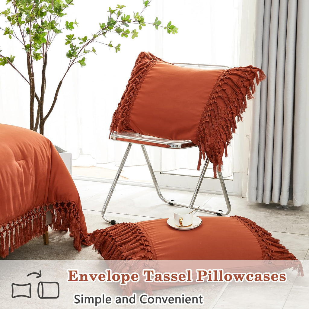 Terracotta Comforter Set King, 3 Pieces Boho Tassel Bedding