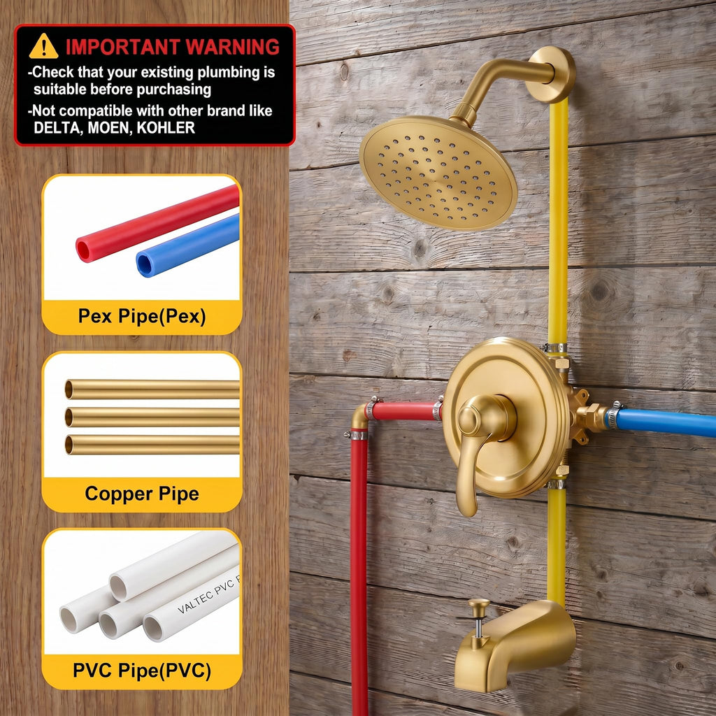 Brushed Gold Shower Tub Faucet Set, 6-Inch Gold Shower Head and Handle Set,Shower Tub Trim Kit,Gold Shower Faucet Set