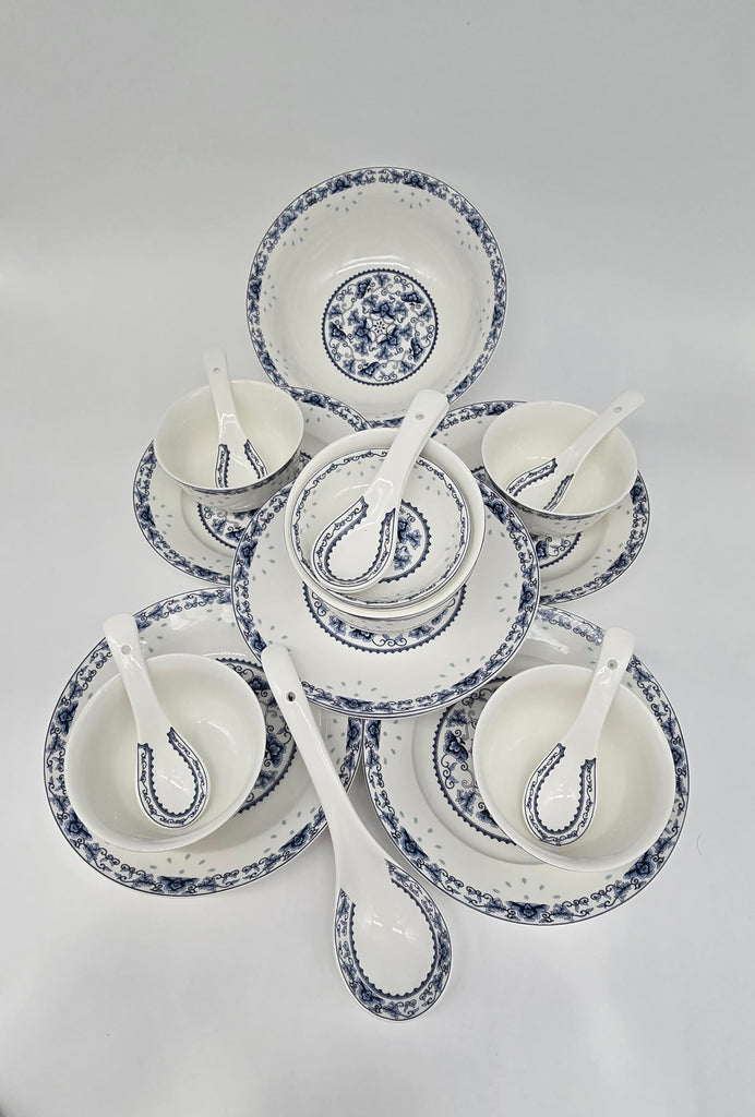 28-Piece Blue Lotus Bone China Dinnerware Set, Service for 6