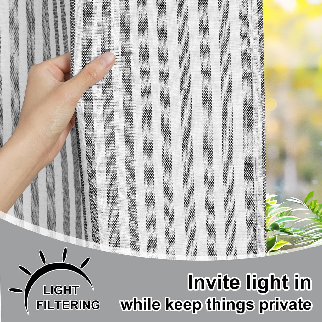 Farmhouse Curtains, Boho Rustic Bedroom Curtains with Buttons, Cotton Linen Grey Stripe Country Window Curtain