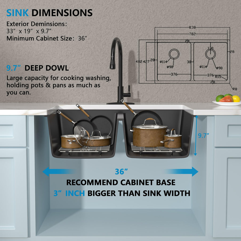 33"x19" Granite Composite Kitchen Sink Black Double Bowl
