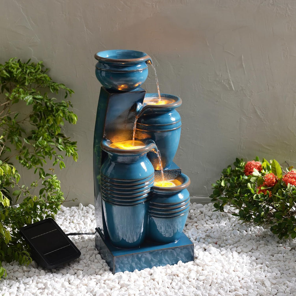 28.74 in. 4-Tier Cascading Bowl Solar-Powered Water Fountain with LED Lights for Gardens, Landscaping, Patios