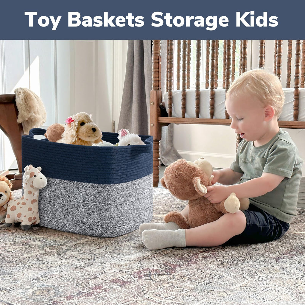50L Large Woven Storage Basket, 18" x 14" x 12", Blue
