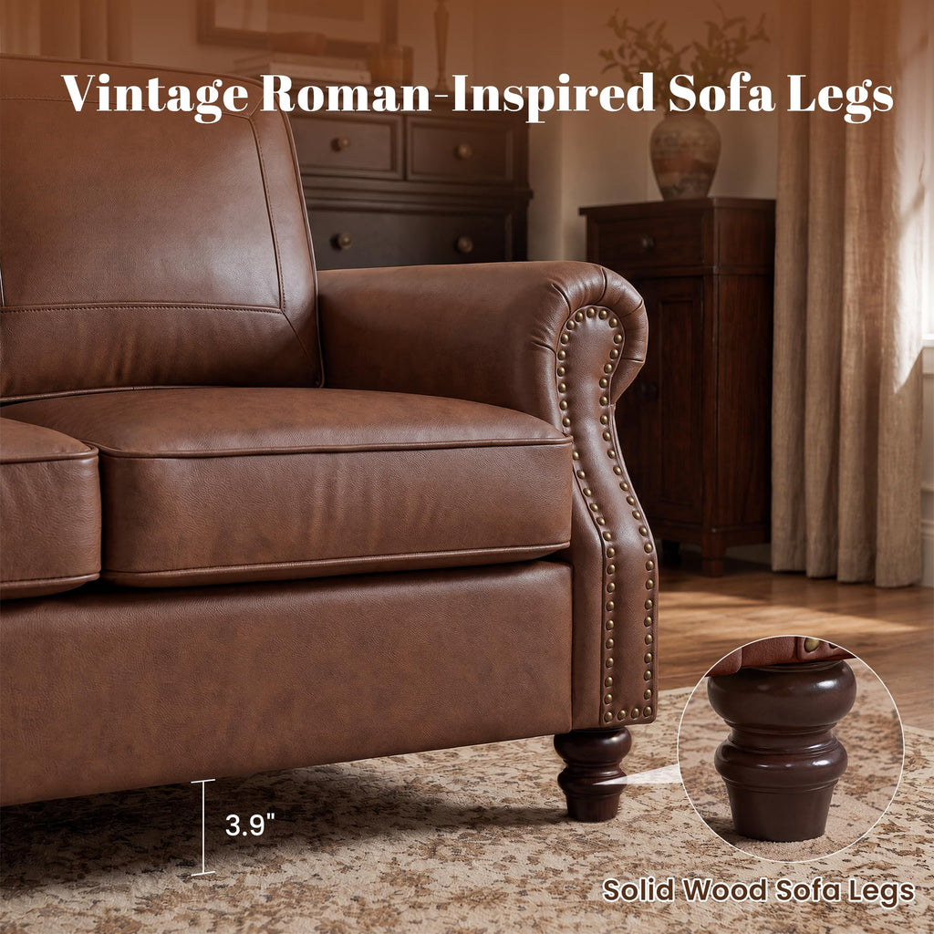 Faux Leather 3 Seater Sofa with Rolled Arms, Rust