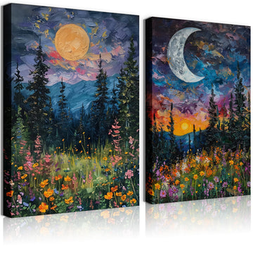 2Pcs Vintage Moon Wall Art Mystical Celestial Wall Decor Dark Forest Wildflowers Canvas Artwork Bedroom Bathroom