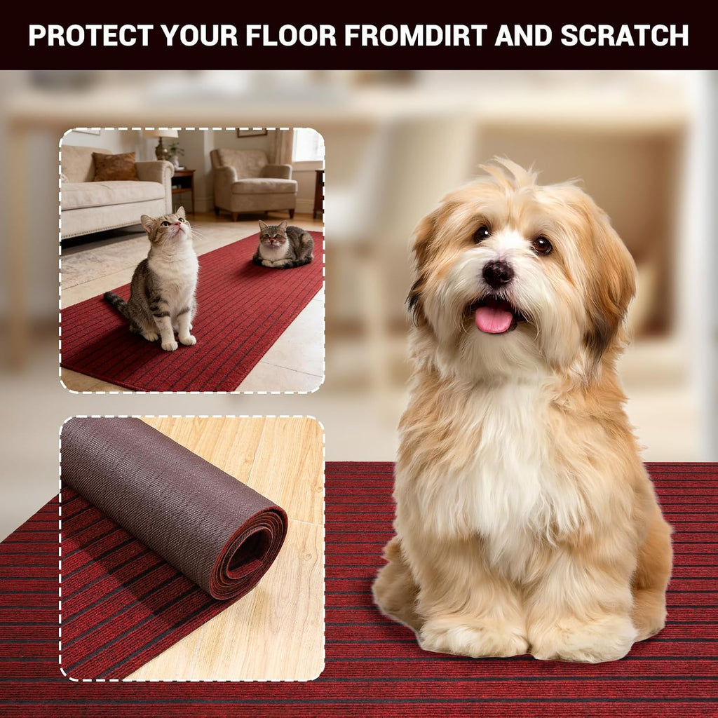 Stripe Runner Rug 2 x 6 ft Indoor Outdoor, Burgundy Non Slip Rubber Backing, Waterproof Low Profile Area Runner