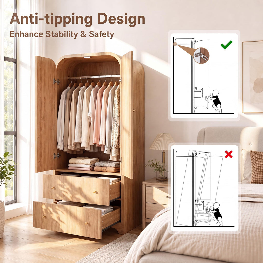 Arched Armoire Wardrobe Closet, 70" Wooden Wardrobe Cabinet with 2 Drawers, Hanging Rod, 2 Doors Clothing Storage