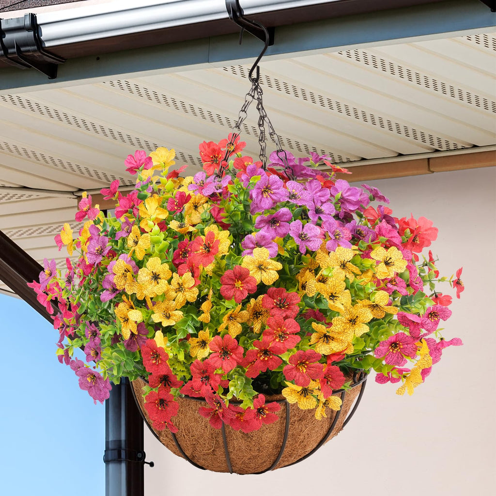 2 Set Artificial Flowers Faux Hanging Plants Basket for Spring Summer Outdoor Outside Decoration, Fake Silk UV Sun