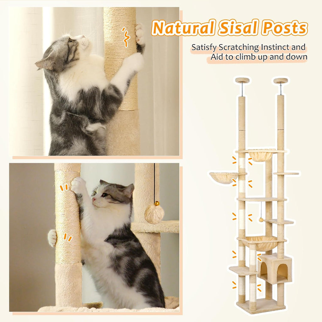 Floor to Ceiling Cat Tree Dual Posts, Adjustable Height 88.9-109"