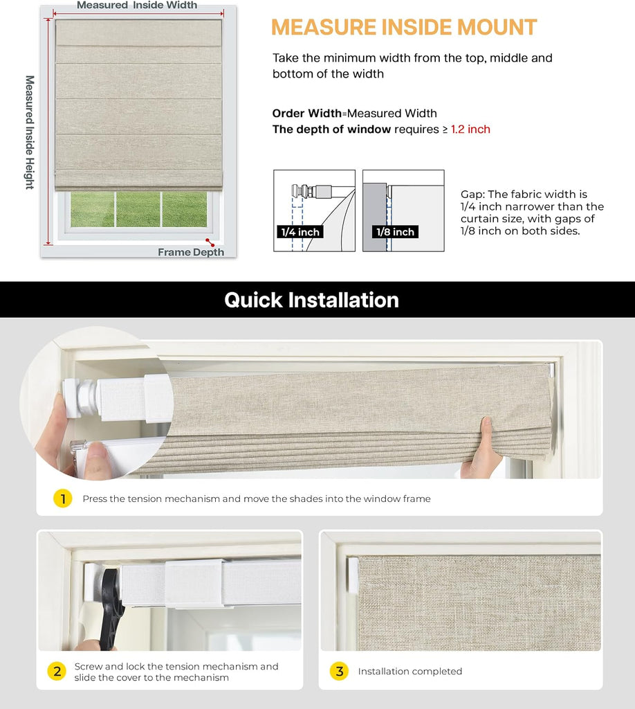 No Tools No Drill Cordless Roman Shades for Windows, Blackout Thermal Insulated UV Blocking Window Blinds