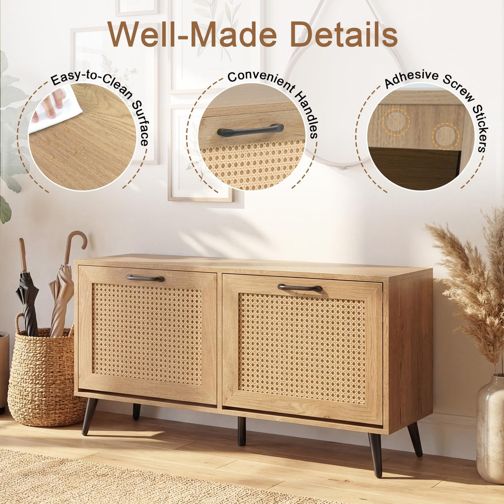 Rattan Shoe Storage Cabinet with 2 Flip Drawers, Hidden Shoe Storage Organizer with Adjustable Shelves and Metal