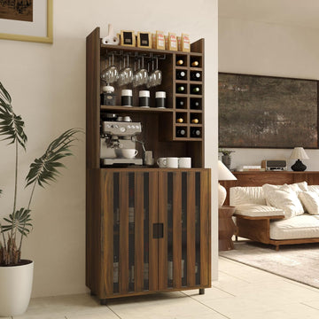 Wine Cabinet with 12 Wine Bottle Racks, 70'' Wine Bar Cabinet Bar Cabinet Tall with Storage, Modern WoodenTall Liquor