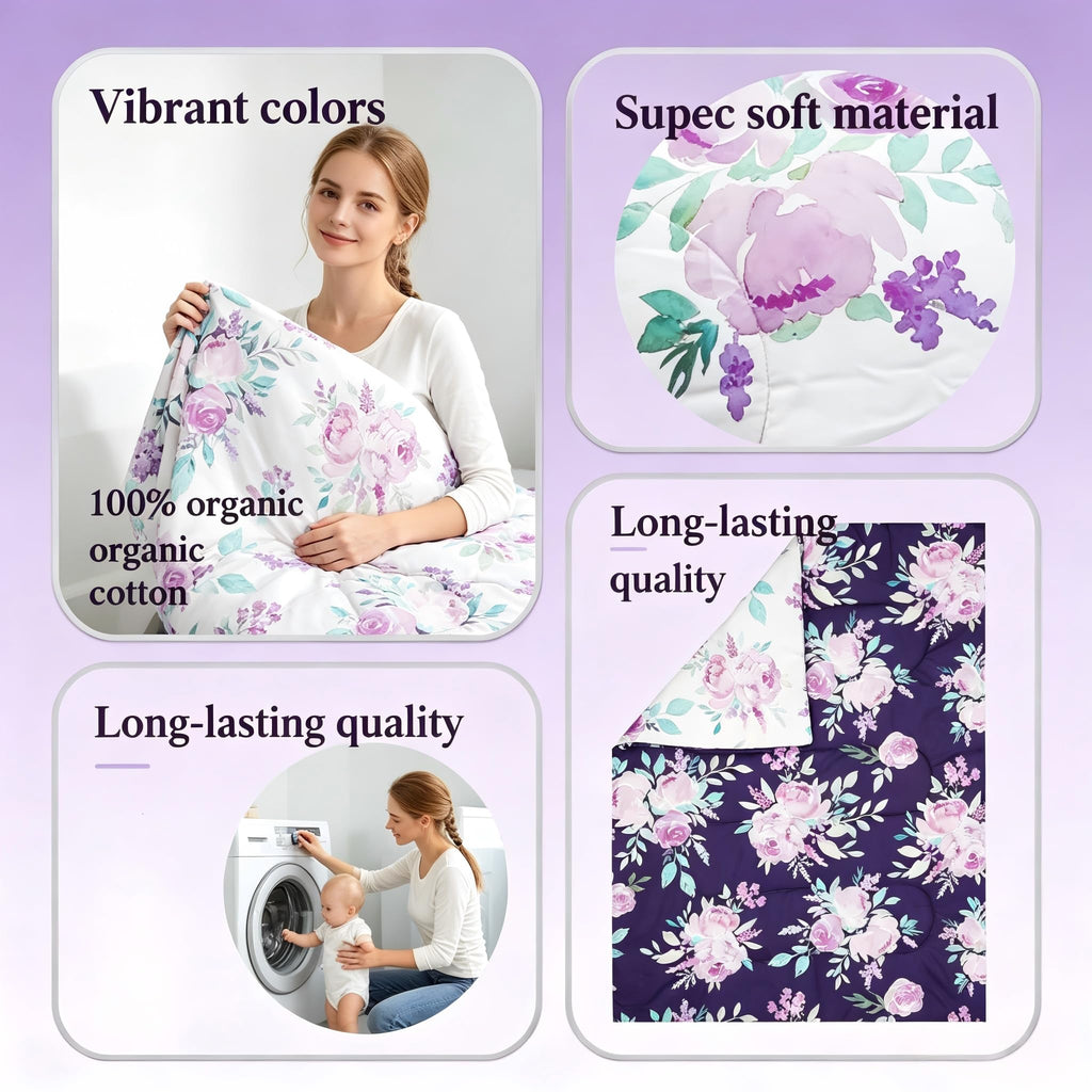 4 Piece Crib Bedding Set for Girls, Purple Flower Quilt, Crib Skirt, Diaper Stacker, Soft Microfiber Comforter, Cotton