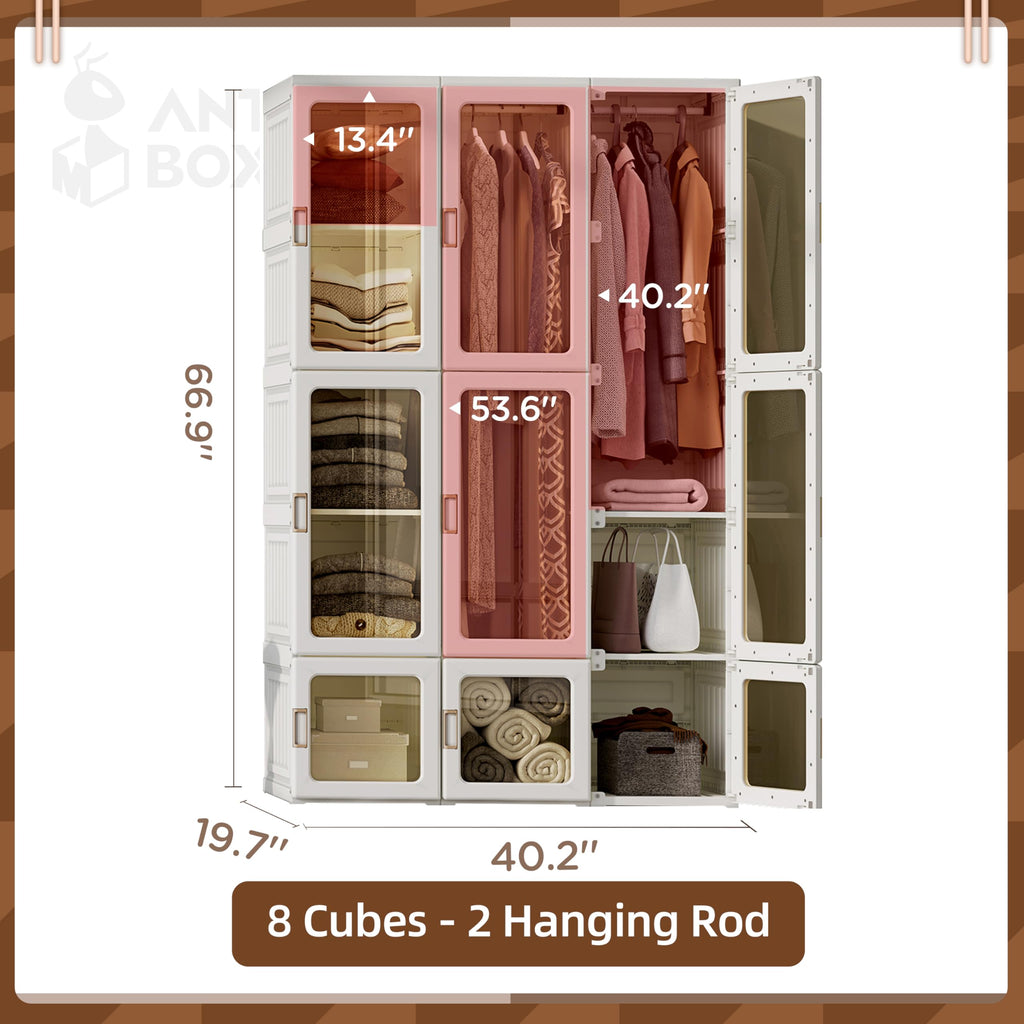 Portable Wardrobe Closet Storage Organizer for Clothes, Suitable, Plastic Wardrobe with Magnetic Transparent Door and