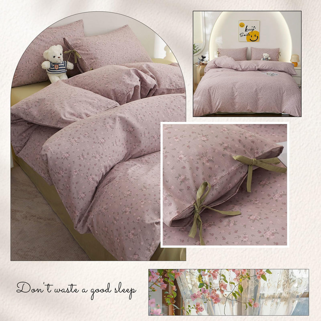 Boho Comforter Set King Size Floral Bedding Sets Soft Cotton Farmhouse Mauve Flower Comforters Fluffy with 2 Bowknot