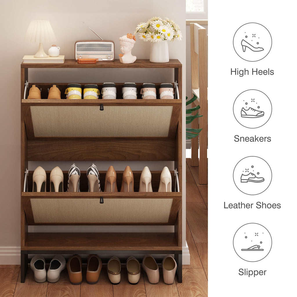 Narrow Sim Shoe Cabinet with 2 Flip Drawer, Sim Wooden Shoe Rack, Walnut