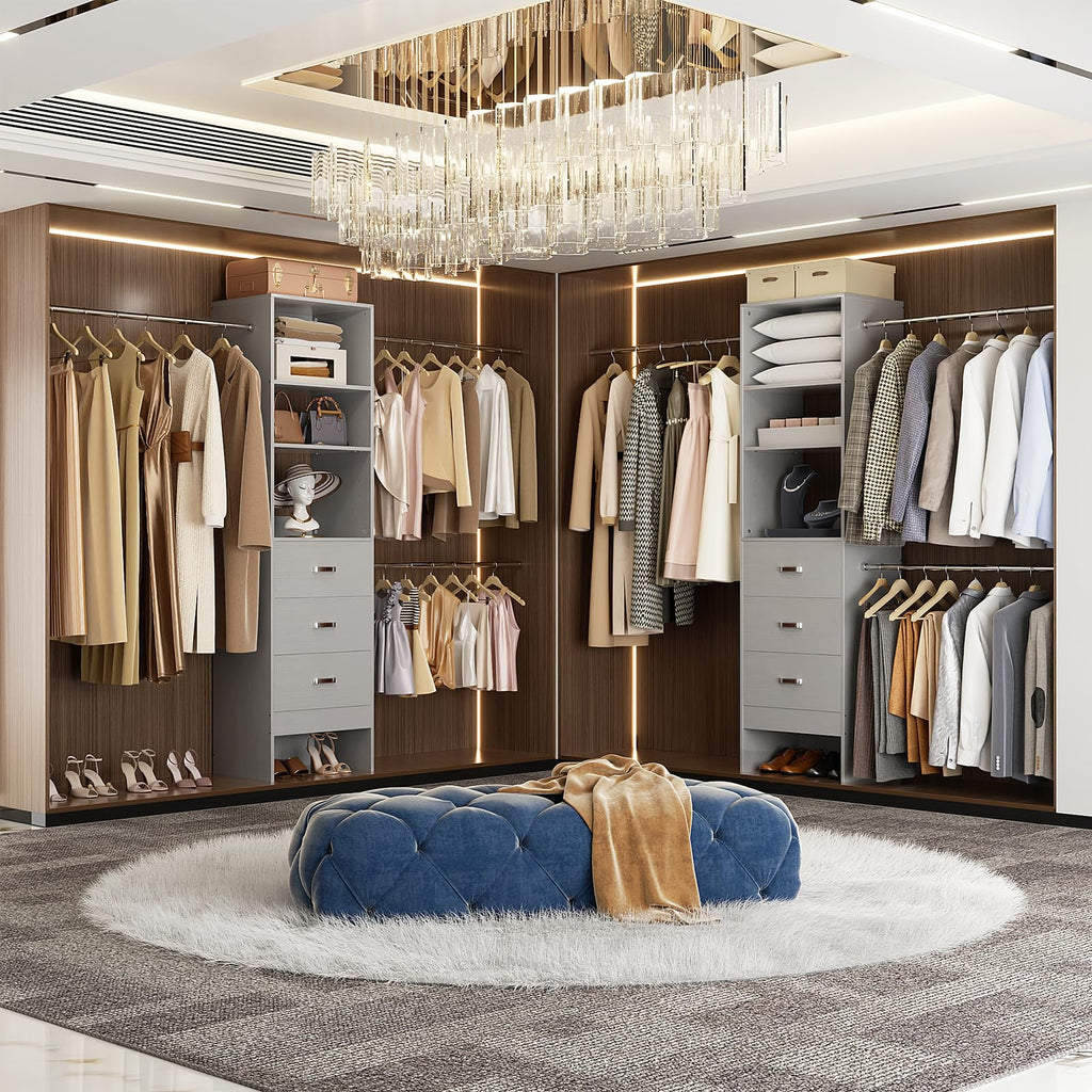 96'' Closet Organizer System with 3 Hanging Rods, 8FT Closet Organizers and Storage with 3 Wooden Drawers, Built in