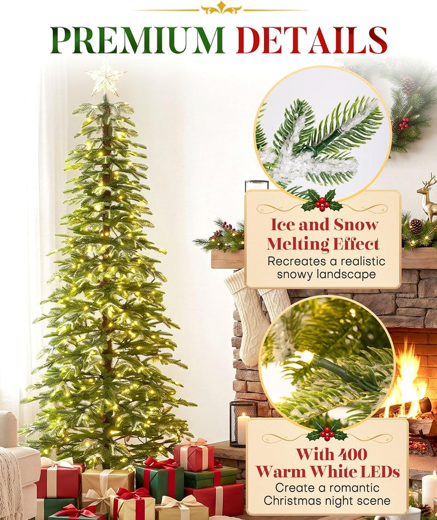 Pre-lit Pencil Christmas Tree: Snow Flocked 440 LED Lights