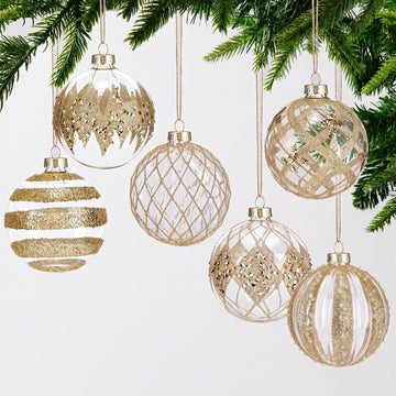 Glass Champagne Christmas Ball Ornaments, 3.15in Glitter Tree Decor - Set of 6