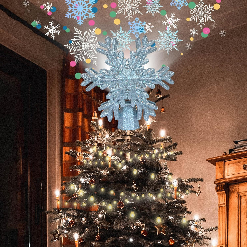 Tree Topper Lighted with Silver Snowflake Projector, Christmas Tree Topper Lighted, Led Rotating Magic Snowflake, 3D