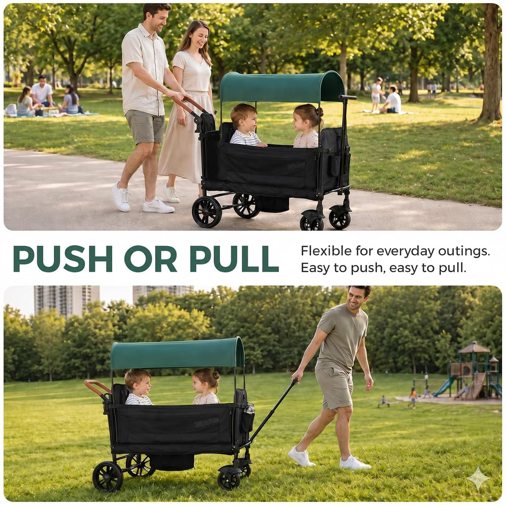 Wagon Stroller for 2 Kids, Foldable with Push/Pull Handles