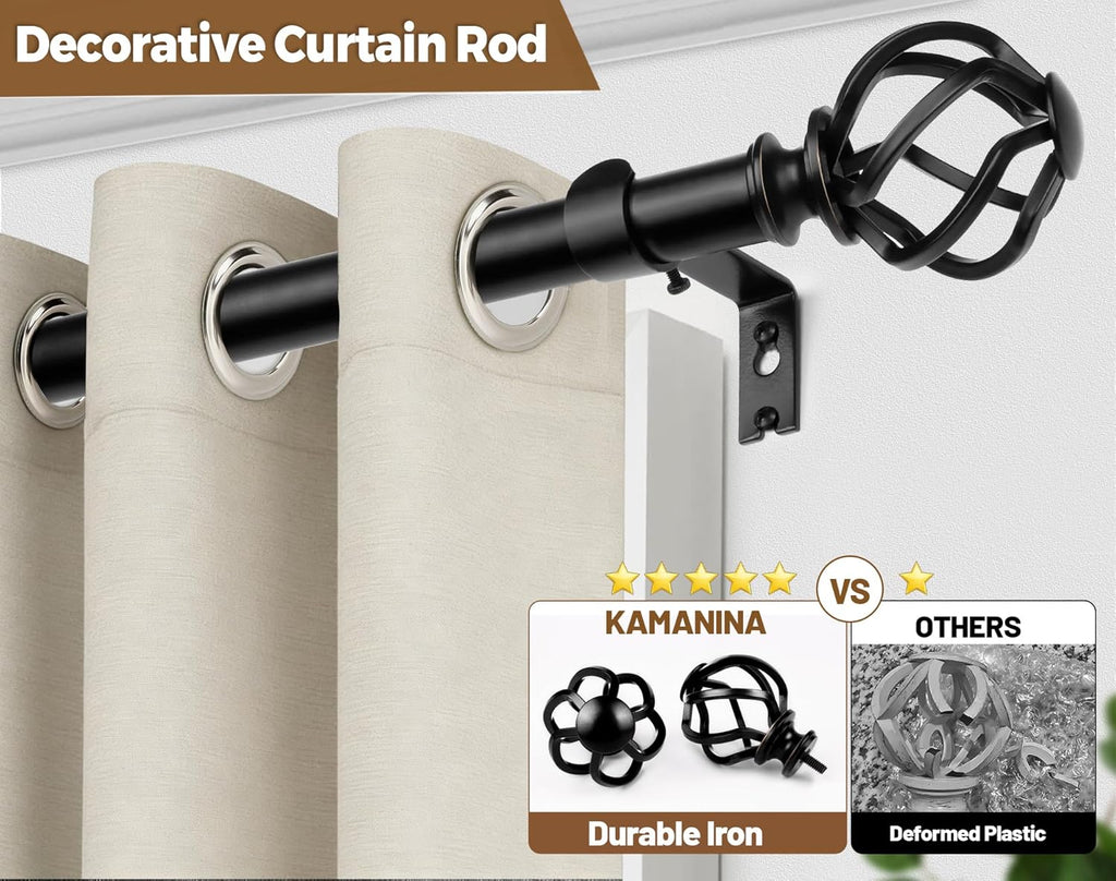 Black Curtain Rods for Windows, Long Drapery Rods| 1 Inch Heavy Duty, Single Curtain Pole, Easy Wall