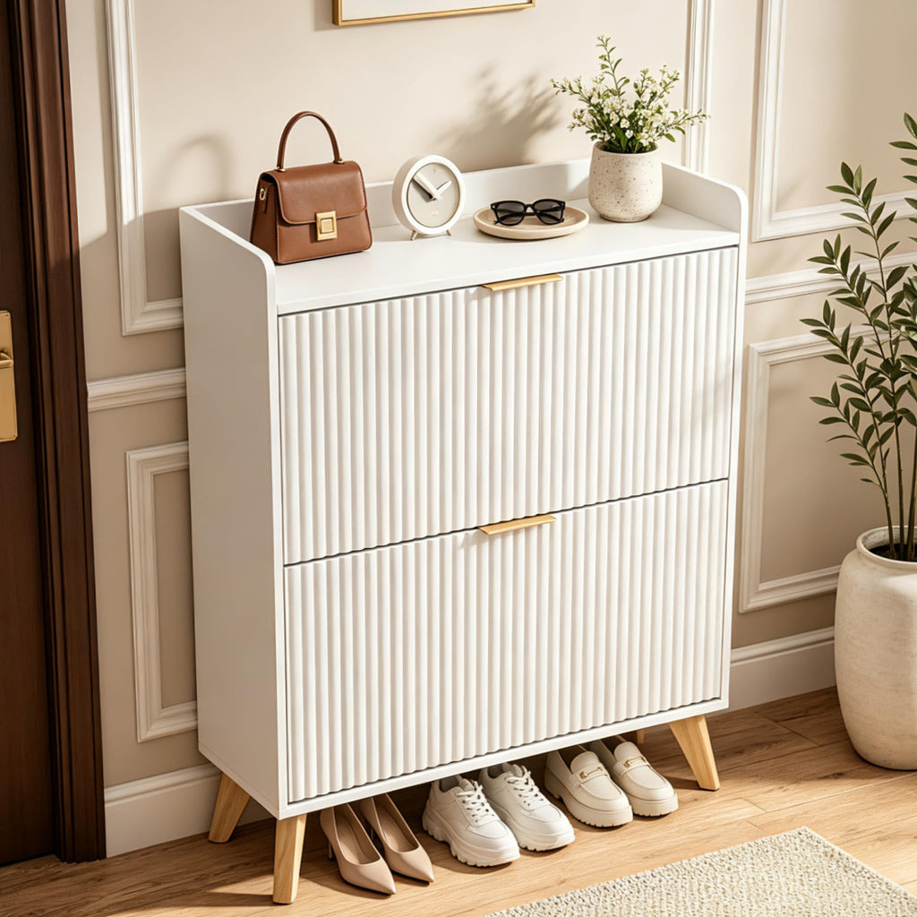 Slim Shoe Storage Cabinet, 2 Flip Drawers Wood Shoe Organizer with Fluted Panel, Secure Fence Top for Plants &