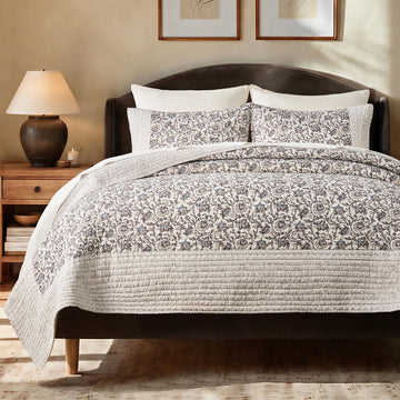 100% Cotton Floral Quilt Set, Taupe Warm Gray 110"×92"