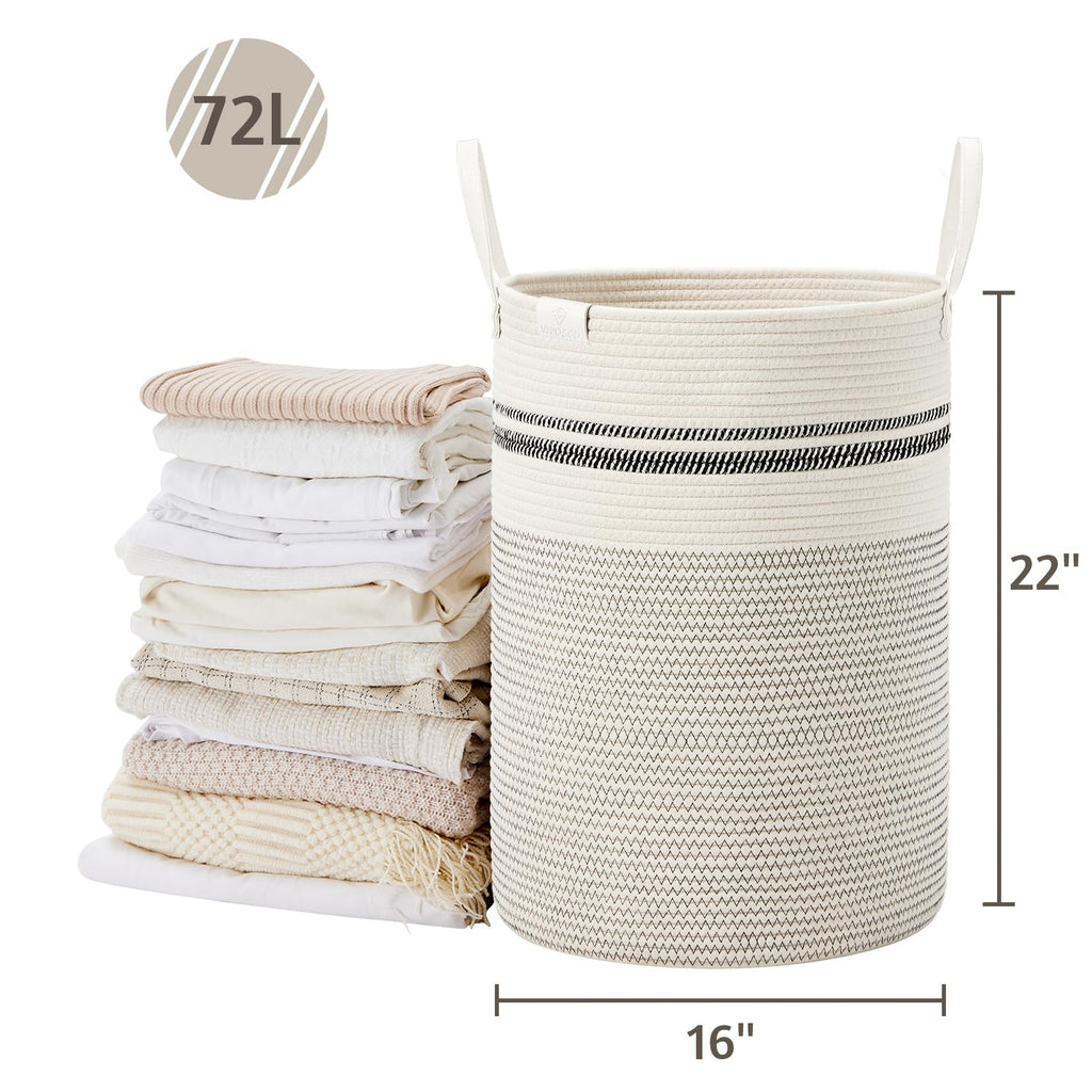 72L Tall Woven Rope Laundry Hamper, Leather Handles, Stripe White