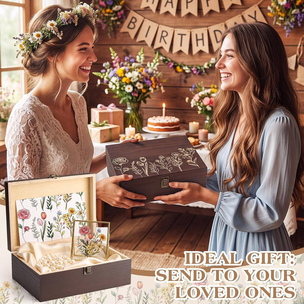 Wildflower Wooden Keepsake Box, 10.6 x 7.7 x 3.9 Inch Decorative Memory Box with Hinged Lid for Crafts Photos Letters