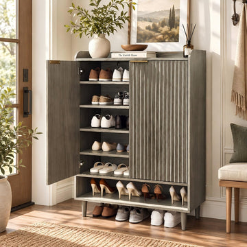 Shoe Cabinet with Fluted Doors, 6 Tier Large Wooden Entryway Shoe Storage Cabinet with Adjustable Shelves, 44.5" Tall
