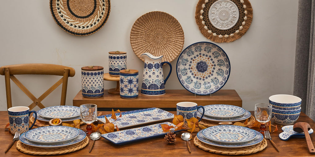 Blue Talavera Ceramic Canister Set of 3 Counter, 62oz, 40oz, 32oz each, with Wooden Air Tight Lid, Food Storage Jar