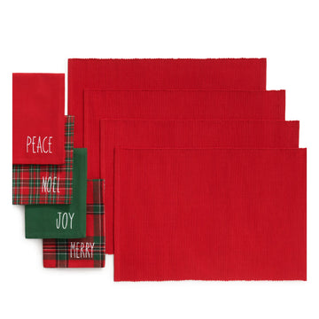 Holiday Christmas Sentiments Placemat and Napkin Value Set of 8 (4 of Each), Multicolor - 13" W x 19" L