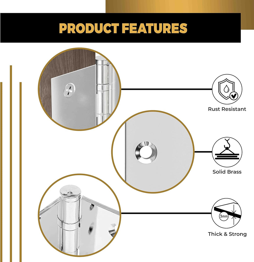 Solid Brass Chrome Door Hinge Heavy Duty Ball Bearing Shiny Silver 3.5 x 3.5 Inch - Set of 2 Hinges (Polished Chrome)