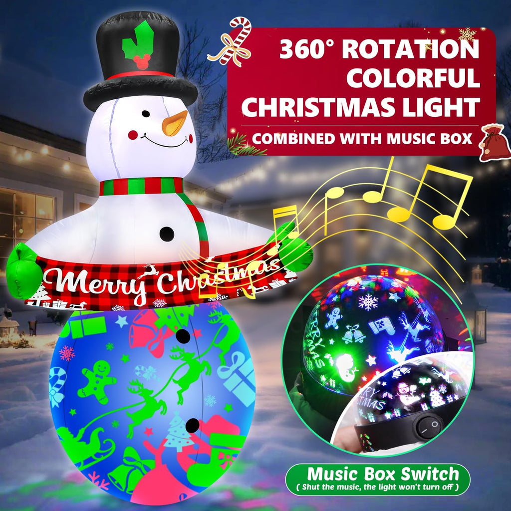 7FT Christmas Inflatables Decorations with Built-in Music & 360° Rotation Colorful Projector LED Light Snowman